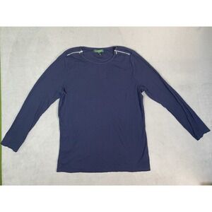 Lauren Ralph Lauren Women's 2X Long Sleeve Ribbed Shirt W/ Zipper Accents Blue